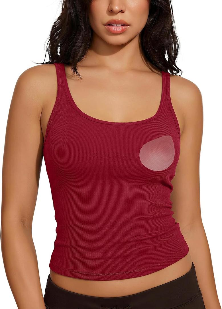 SUUKSESS Women Padded Cotton Ribbed Tank Tops Casual Summer Going Out Sleeveless Scoop Neck Basic Cami Tops (Red, L)
