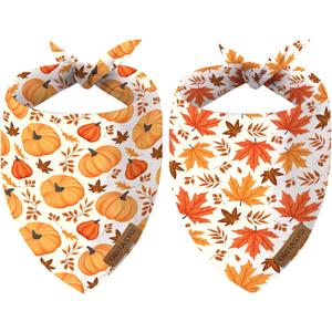 Fall Thanksgiving Dog Bandanas for All Dogs (2-Pack Triangle Reversible Pet Scarves) (Autumn Pumpkin Maple Leaves) Premium Fabric Holidays Bandana, X-Large Q