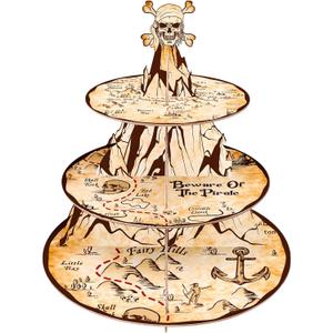 Pirate Cupcake Stand 3-Tier Treasure Map Cupcake Tower for Pirate Birthday Party Supplies and Decorations