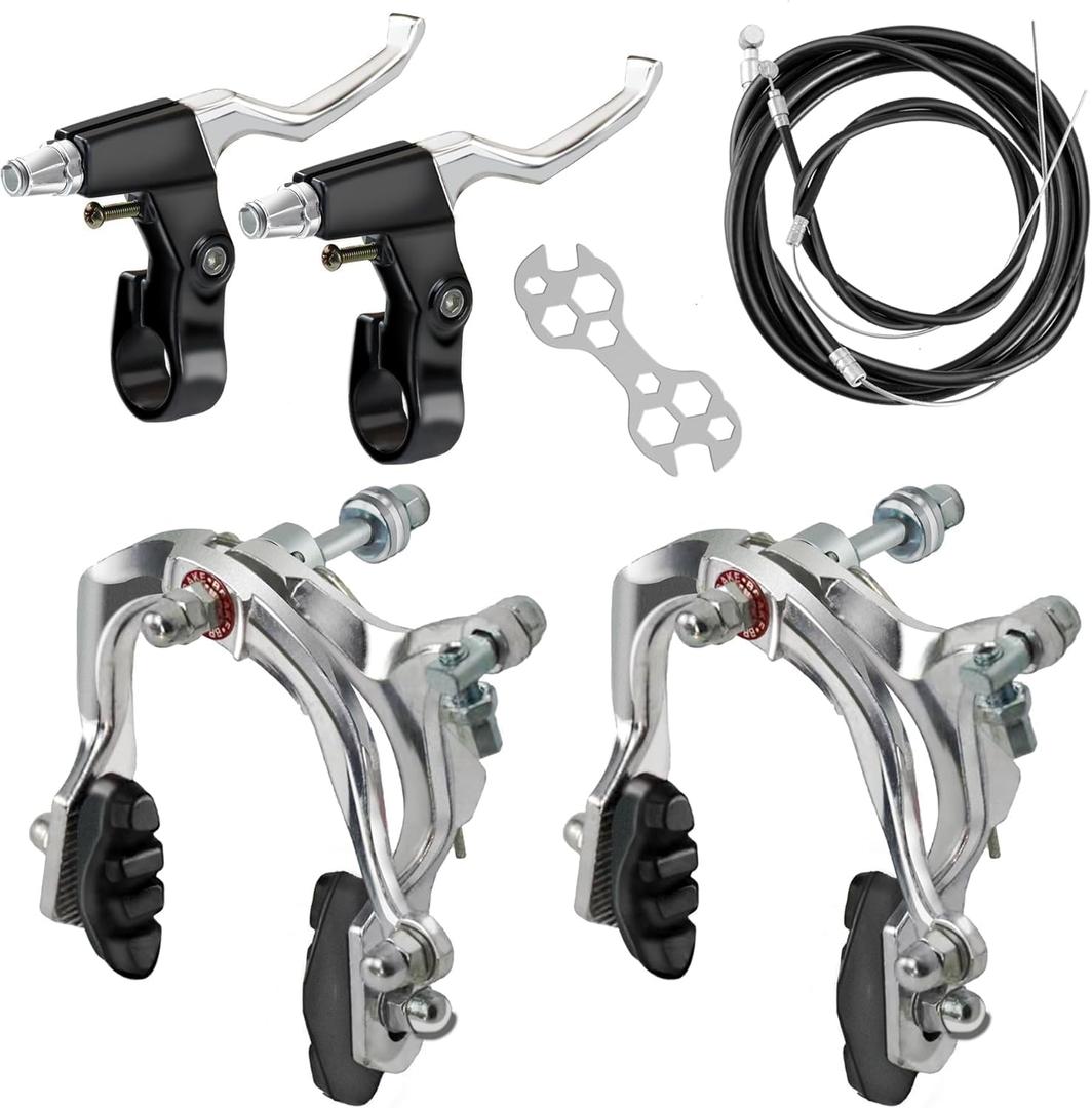 Complete Bike Brakes Set, Front and Rear C-Type Brakes Calipers, Include Inner and Outer Brakes Cables and Bike Brake Levers for MTB Road Bicycle-Silver (Sliver)