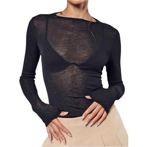 Women's Sheer Mesh Long Sleeve T Shirts Boat Neck Slim Fit Tee Tops Going Out See Through Shirts (Medium, Black)