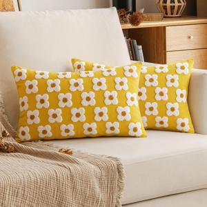 EMEMA Fall Yellow Decorative Throw Pillow Covers 12x20 Inch Set of 2 Sun Flower Jacquard Daisy Cute Pillowcase Cushion Case Rectangle for Couch Sofa Bed Living Room Bedroom