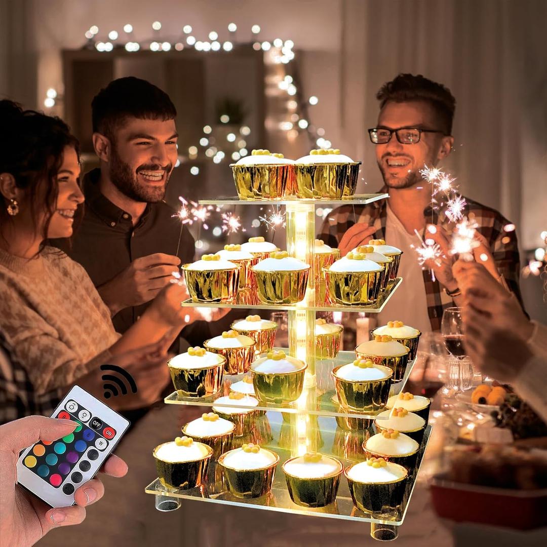 Cupcake Stand Acrylic 4 Tier Tower Display Cupcake Cake Stand with Remote LED Light,Multiple Color Changing Modes,Transparency Serving Tray for Any Parties Events