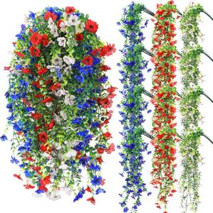 6 Pcs Spring Artificial Hanging Flowers Outdoor Faux Silk Mum Plant Decor Violet with Eucalyptus Realistic UV Resistant Trailing Vine Spring Porch Yard(Red Blue White,Violet)