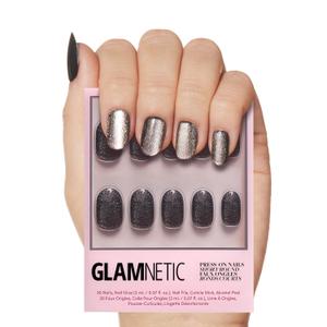 Glamnetic Press On Nails - Galactic | Short Round Gunmetal Pewter Glittered Fake Nails with a Glaze Finish | 12 Sizes - 30 Nail Kit with Glue