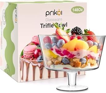 Prikoi 148oz Trifle Bowl with Pedestal, Modern Glass Round Party Dessert Display Stand for Ice Cream Cake, Salad, Fruit, and DIY, 2024 Thickened Version