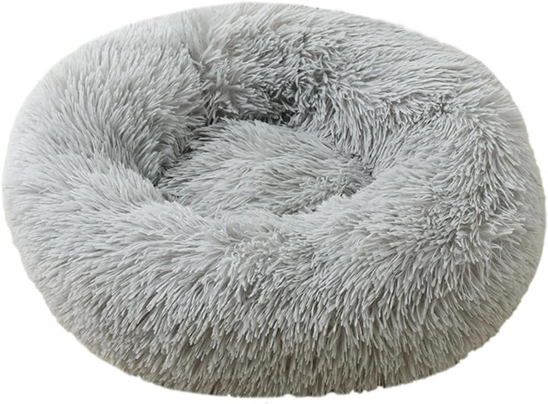 Mr Fluffy Friend - The Original Calming Pet Bed, Warm Plush Donut Dog Bed Washable (S (19"/50CM), Grey)