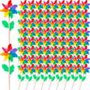 160 Pcs Rainbow Flower Pinwheels 9.84 Inch Plastic Colorful Windmills Garden Pinwheels Flower Wind Spinners with Wood Sticks for Kids Outdoor Garden Yard Decoration Rainbow Party Favors