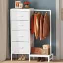 Dresser with Hanging Rack, 4 Drawers Small Closet for Bedroom, Reversible Fabric Kids Chest of Drawers with Clothes Rack, Tall Storage Tower, Sturdy Frame, White, 44''H