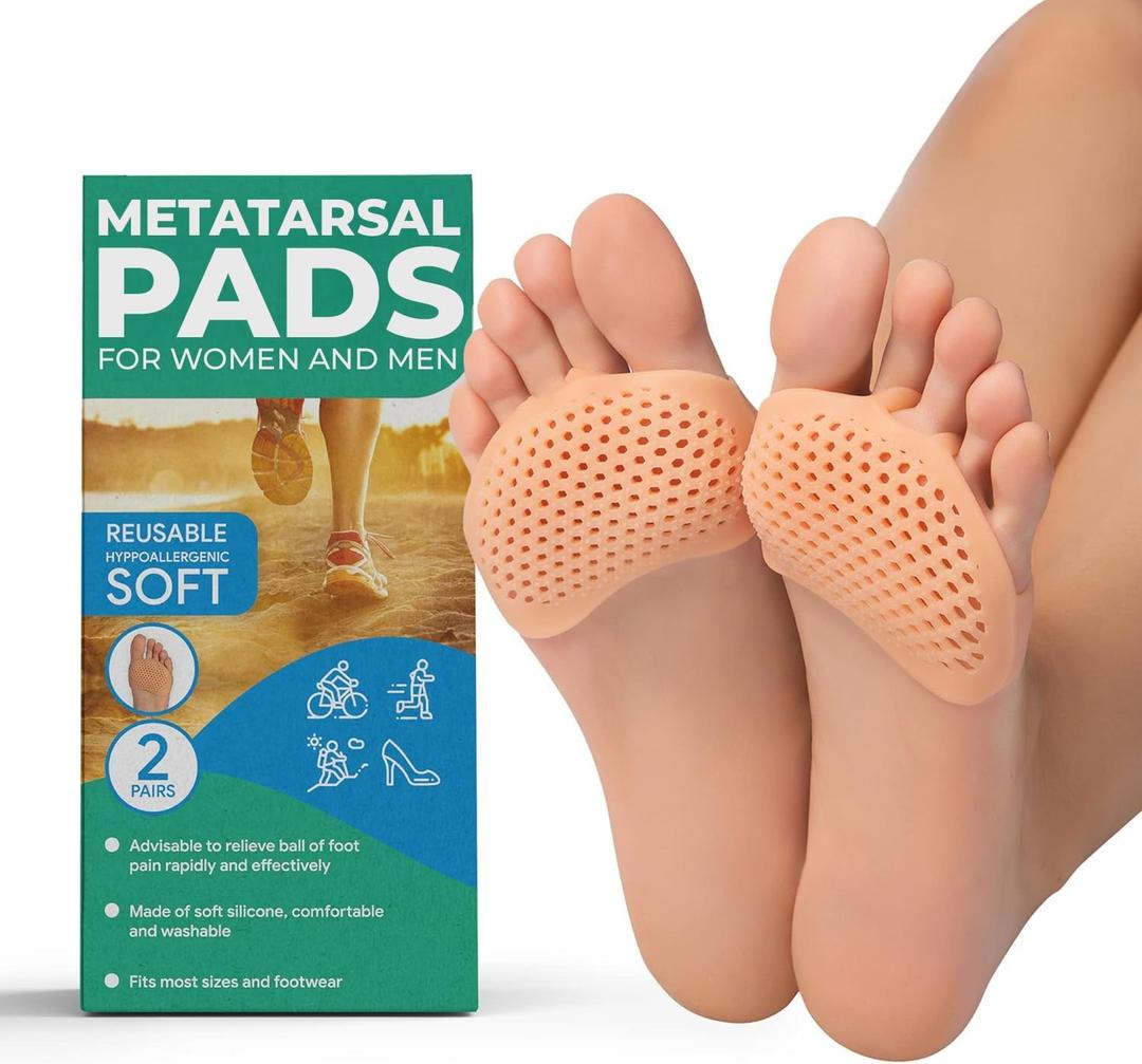 Homergy Metatarsal Foot Pads for Pain Relief - 4 Pack Soft Gel Reusable Breathable Sleeve Pads, Foot Cushions, Forefoot Cushioning Shoe Supports for Women and Men (Beige)
