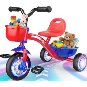 Tricycle for Toddlers 1-3 3-5 Year Olds, Unicorn Toddler Bike Baby Balance Bike with Colorful Lighting Wheels & Large Basket, Birthday Gift and Toy for 1 2 3 4 5 Year Olds Girls Boys-red