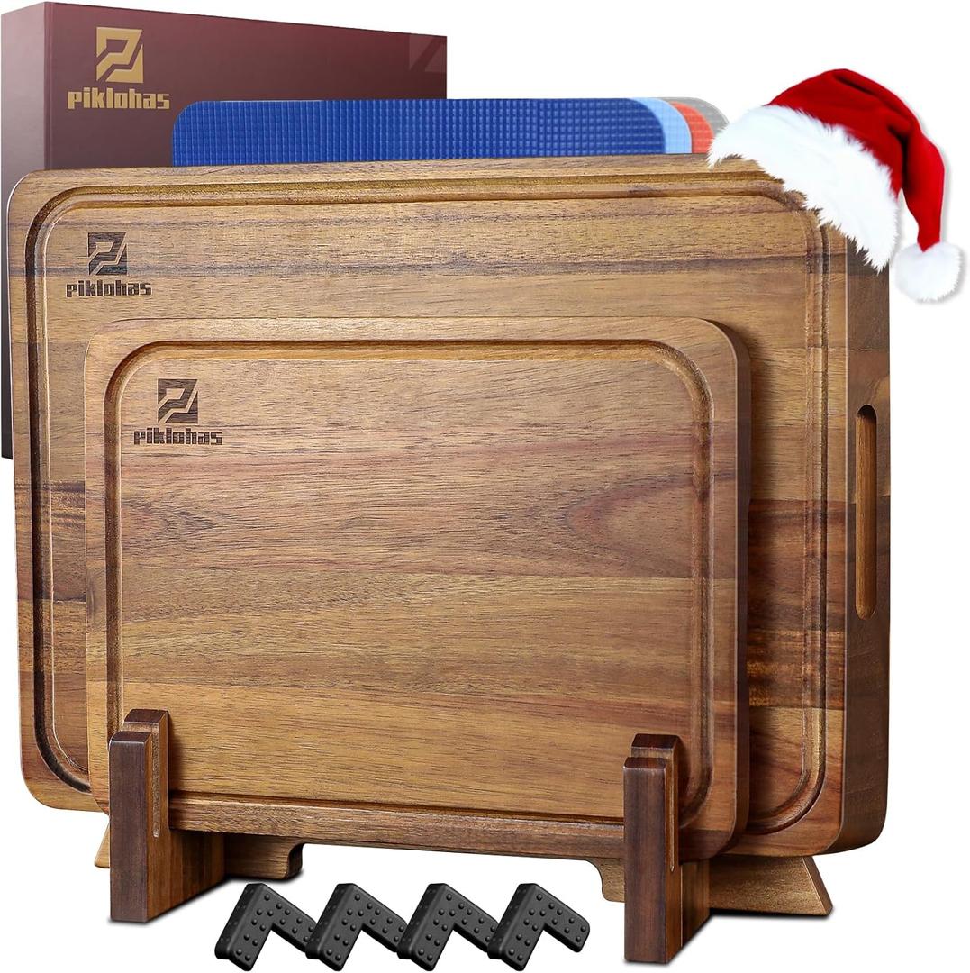 Cutting Boards Large Set of 7, Acacia Wood Charcuterie Chopping Board for Kitchen with Holder Non Slip Feet, Plastic Serving Board Mats, Juice Groove, Reversible Butcher Block for Meat Cheese Bread (Brown)
