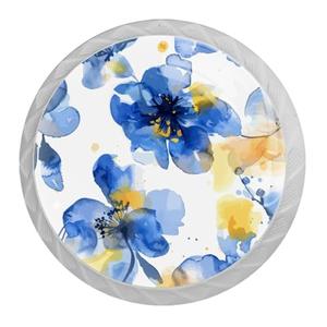 Blue Yellow Watercolor Ink Flower Art 4 Pcs White Glass Drawer Knobs Dresser Knobs Pulls Door Knobs Handles for Kitchen Wardrobe Cupboard Hardware Furniture