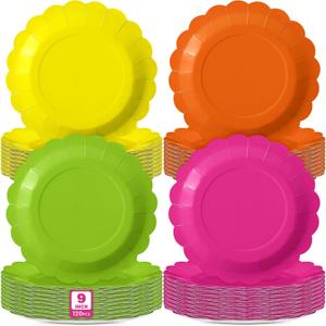 120 Pcs Neon Paper Plates 9 Inch Neon Scalloped Disposable Round Dessert Colorful Party Decoration for Glow Party (hot pink, yellow, green, orange)