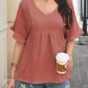 Womens Summer Tops V Neck Ruffle Half Sleeve Blouses Cute Lace Peplum Shirts Casual Boho Babydoll Clothing 2025 (Brown, M)