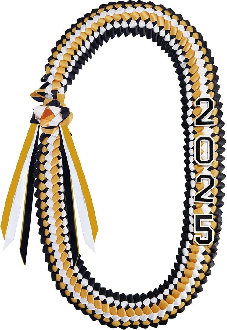Cindeer Silk Graduation Leis Class of 2025 Graduation Necklaces Ribbons Grad Money Leis Number Patch for High School College (Black, Gold)