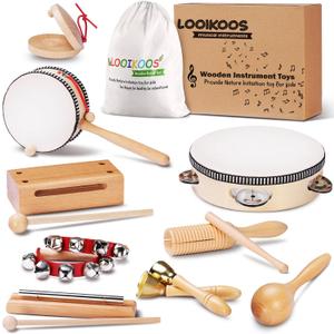 LOOIKOOS Toddler Musical Instruments Montessori Natural Wooden Percussion Instruments for Kids Preschool Educational Musical Toys Set for Boys and Girls with Storage Bag