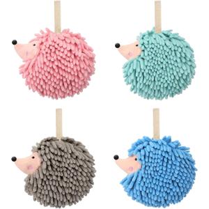 4 Pcs Chenille Fuzzy Ball Hand Towels Hedgehog Decorative Towels Absorbent Funny Hanging Hand Drying Towel with Button Loop for Bathroom Kitchen Washstand Bedroom Drying, 4 Colors