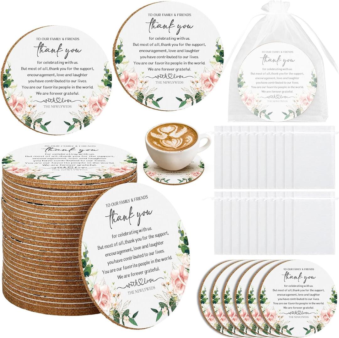 Hushee 200 Pcs Wedding Favors for Guests Floral Cork Coasters Bulk Bridal Shower Thank You Gifts Natural Wood Coaster Wedding Welcome Bag Stuffers Floral Bridal Shower Favors Souvenirs Party Supplies