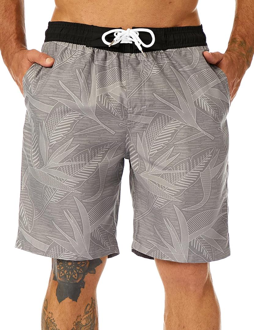 KAILUA SURF Mens Swim Trunks Long, Quick Dry Boardshorts, 9 Inches Inseam Bathing Suits with Mesh Lining (Large, Grey Leaves)
