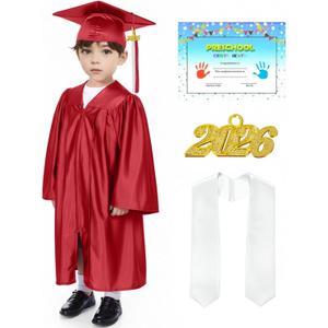 Shiny Kids Graduation Cap and Gown Set with 2026 Tassel Plus White Stole Certificate for Kindergarten Preschool (Red, S)
