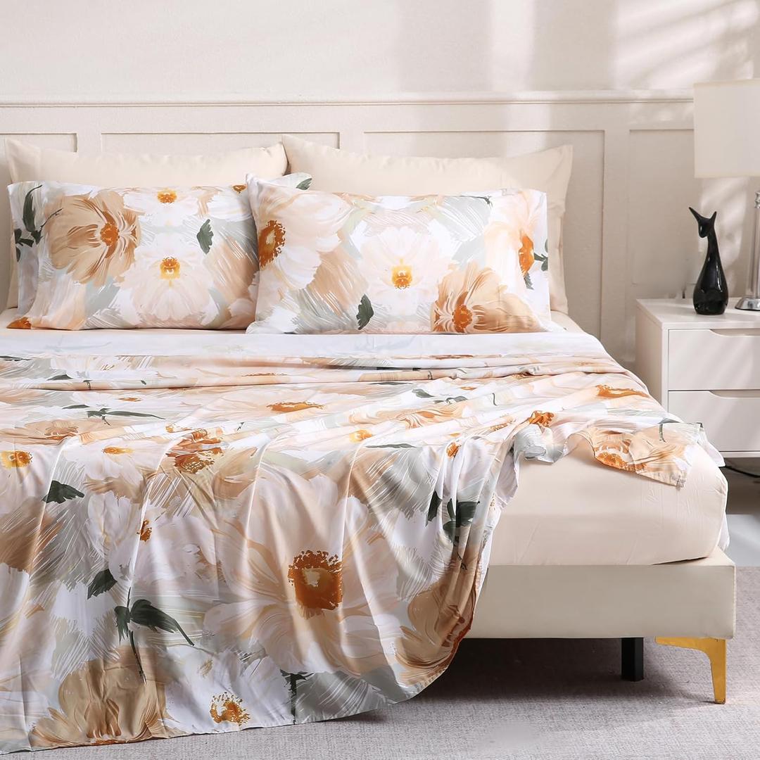 LONAVA Floral Queen Size Bed Sheet Set, 6 Piece, Deep Pocket Beige Fitted Sheet, Comfy & Breathable Patterned Flat Sheets, Premium Microfiber, Gold Painted Flowers Printed