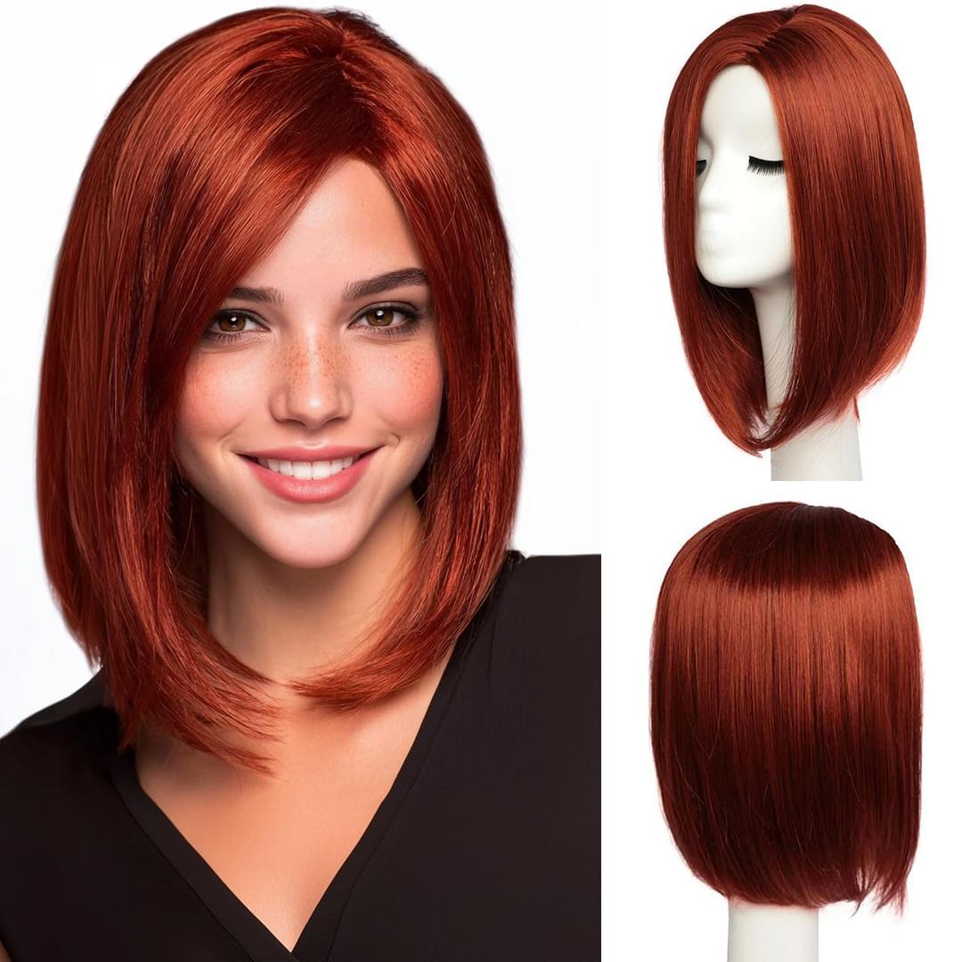 EssionTech Short Fox Red Wigs for Women Shoudler Length Bob Wig Natural Straight Copper Wig Side Part Hair for Daily Party Cosplay Halloween（13 inch）