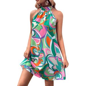 SOLY HUX Women's Floral Print Tunic Dress Criss Cross Sleeveless Halter Summer Short Dresses (Green Tie Back), Small 