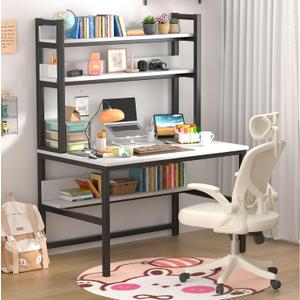 Aquzee Computer Desk with Shelves, 47" W x 23.6" D Gaming Desk with Hutch and Bookshelf, White Study Table for Bedroom Space Saving with 3 Tier Storage Shelf, Home Office Desk for Writing Work