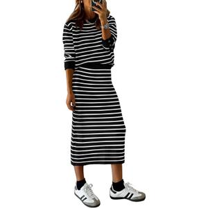 PRETTYGARDEN 2 Piece Skirts Sets for Women Fall Fashion 2026 Striped Sweater Dress Knit Lounge Travel Outfits Winter Clothing (Black)