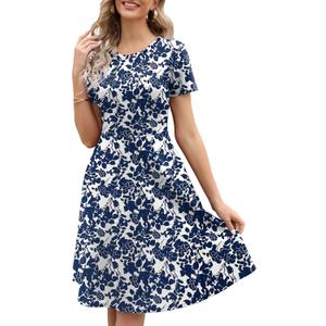 Women's Elegant Vintage Summer Casual Dresses Knee Length Floral Print Work A-Line Dress with Pockets 262 L