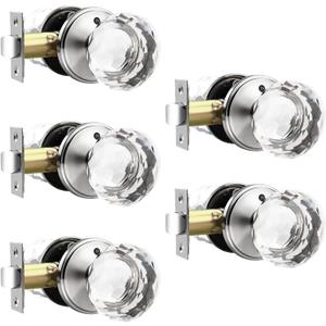 5 Pack Crystal Door Knobs Interior, Elegant Satin Nickel Glass Door Knobs, Keyless Privacy Door Locks for Bedrooms and Bathrooms