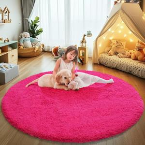 Fluffy Round Area Rugs for Bedroom,3'X3'Shag Circle Area Rugs for Living Room,Non Slip Fuzzy Plush Rug for Kids Room Boys Girls Room and Dorm Home Decor Rug (Hot Pink)