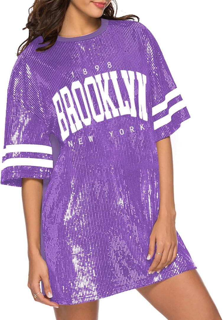 PORRCEY Juniors Short Sleeve Letter Print Sequin Funny Dress Shirts (Purple,M)