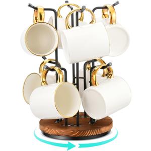 HULISEN 360 Rotating Mug Tree for Large Cups, Counter Coffee Mug Holder with 8 Hooks, Metal Coffee Cup Rack Stand for Countertop with Stable Wooden Base, Kitchen Counter Decor