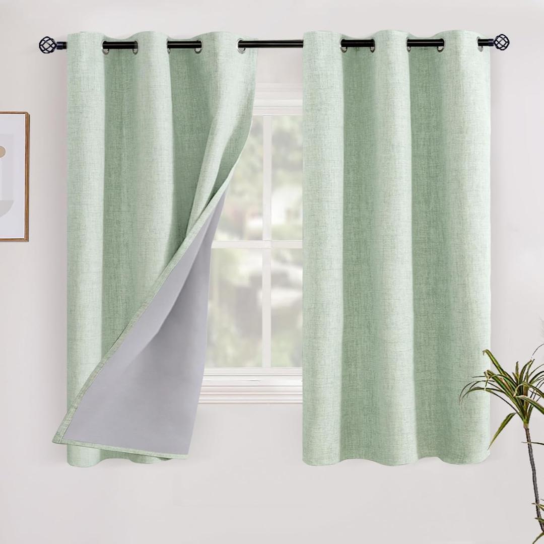 YoungsTex Sage Green Blackout Linen Curtains 40 Inches Longes, Short Thermal Insulated Black Out Drapes with Grommet for Bathroom Small Window, 2 Panels, 42 X 40 Inch