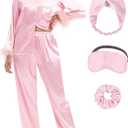 MORFORU Satin Pajama Set for Women Feather Trim Long Sleeve Pjs with Sleep Mask Headband Scrunchie Sleepwear Lounge Set (Large, Pink)