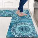 FRAMICS Kitchen Mats for Floor 2 Piece, Waterproof Non Slip, Memory Foam Cushioned, Floral Kitchen Rugs Set, Teal 17.3"30"+17.3"47"