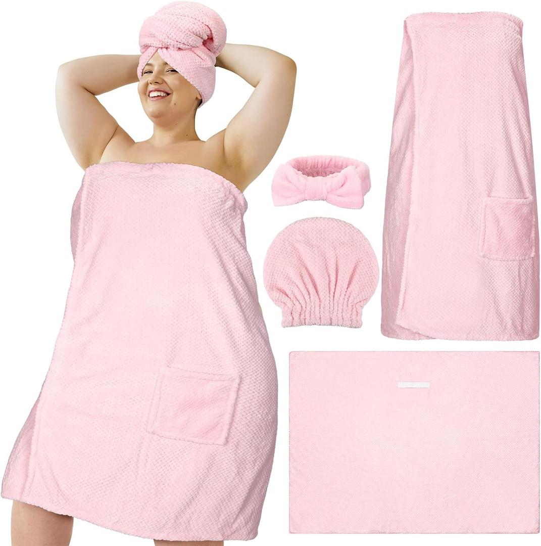 Tigeen Plus Size Towel Wrap for Women Spa Robe Set with Shower Hair Drying Turban Cap Towel Headband Adjustable Bathrobe (XXL-4XL, Pink)