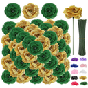 108pcs Roses Head Flowers with Stem - Emerald Green Gold Artificial Flowers Rose Bulk - Silk Rose Fake Flower for Wedding Bouquet Decor DIY Baby Shower Centerpieces St Patrick's Day Decoration