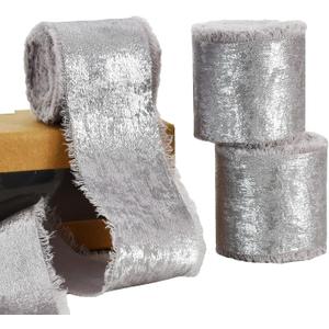 3 Rolls Silver Glitter Chiffon Ribbon, 1.5 Inch 15 Yards Silver Silk Frayed Ribbon for Flower Bouquet, Gift Wrapping, Wedding, Birthday Party Decor