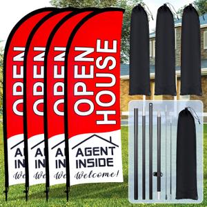 Buryeah 4 Pack Open House Flags Signs for Real Estate Agents 7x5.4 Ft Feather Flag Sign with Flagpole Ground Stake Portable Bag Real Estate Flags Opening Signs Banner Set for Business (Red)