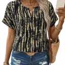 SHEWIN Women's Casual V Neck Floral Print Chiffon Blouses 3/4 Sleeve Boho Summer Tops Shirts (Black, L)