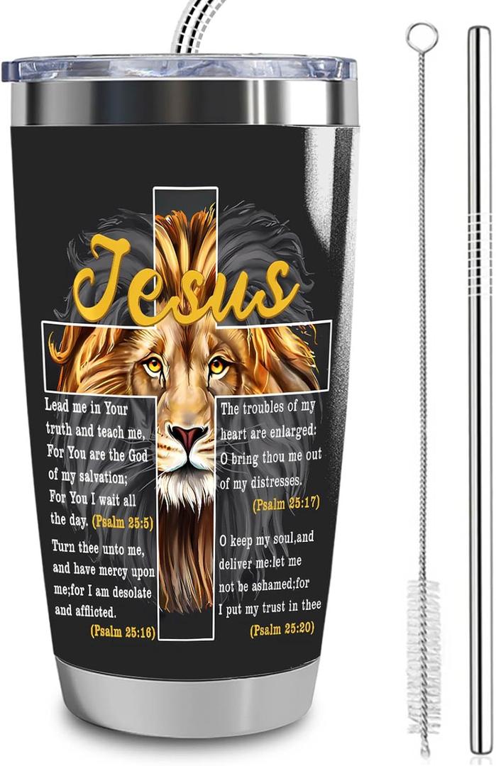 Christians Gifts Tumbler for Women Men,20 oz Stainless Steel Insulated Tumblers with Lid,Christmas, Mothers Day, Birthday Day Gifts For Friends Family (jesus lion)