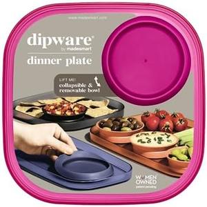 Madesmart dipware Dinner Plate with Collapsible and Removable Dip Bowl for Meals and Appetizers; Reusable Serving Plate with Multipurpose Bowl, Translucent Pink