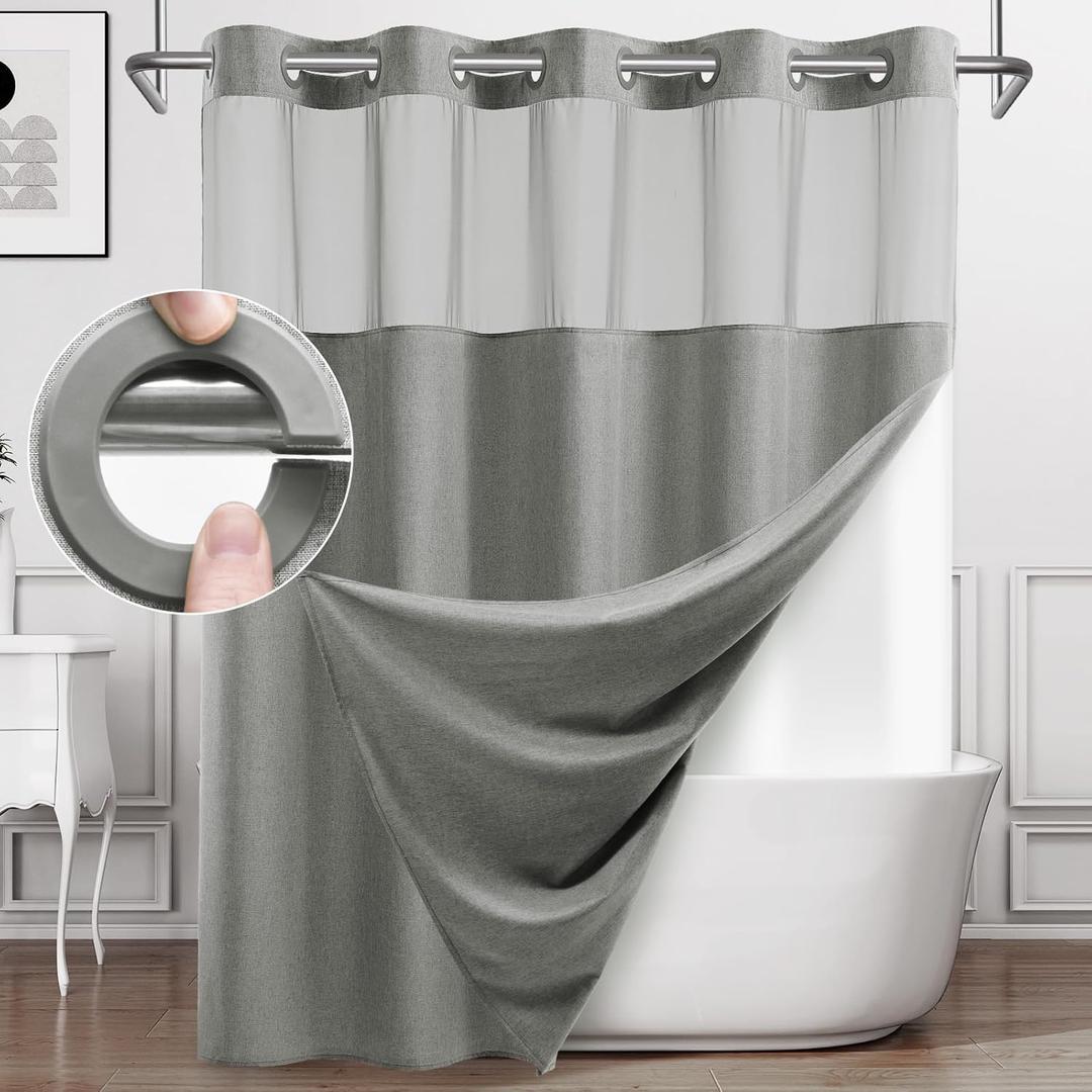 No Hook Gray Shower Curtain, Linen-Look Polyester Textured Shower Curtain with Snap in Liner, Waterproof & Washable Bath Curtains for Bathroom, 71Wx74H (Grey)