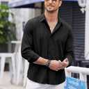 COOFANDY Mens Cuban Guayabera Shirt Casual Button Down Shirts Long Sleeve Summer Beach Shirts (Black, L)