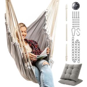 Hanging Hammock Chair Swing  Hanging Chair Outdoor & Indoor - Hammock Swing Chair  Quick & Easy Setup with Hardware Kit  Durable & Spacious Full Body Support with 2 Plush Cushions  Holds 440 Lbs