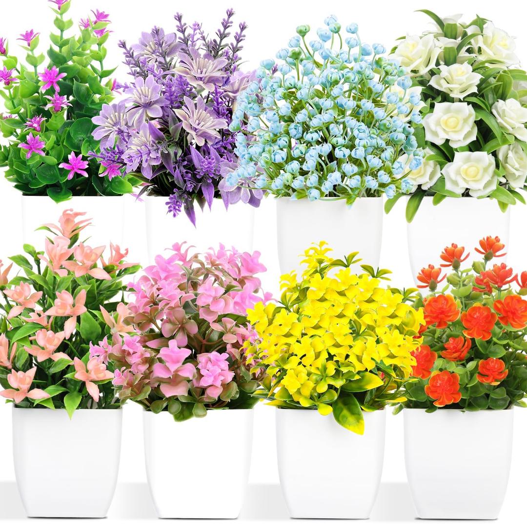 LELEE Artificial Plants Mini Fake Potted Plants, 8 pcs Colorful Eucalyptus Potted Faux Decorative Grass Plant with Flower for Bathroom Home Kitchen Office Dining Centerpiece Table Decorations