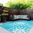 Wallona Outdoor Rugs 9x12 ft Patio Waterproof Clearance Indoor Outdoor Large Carpet for Patio Plastic Straw Reversible Area Rugs Mat for RV, Camping, Balcony, Beach, Picnic, Porch, Flower Teal & White